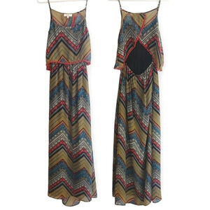 Umgee Aztec Chevron Print Semi Sheer Boho Maxi Dress with Back Cutout Small